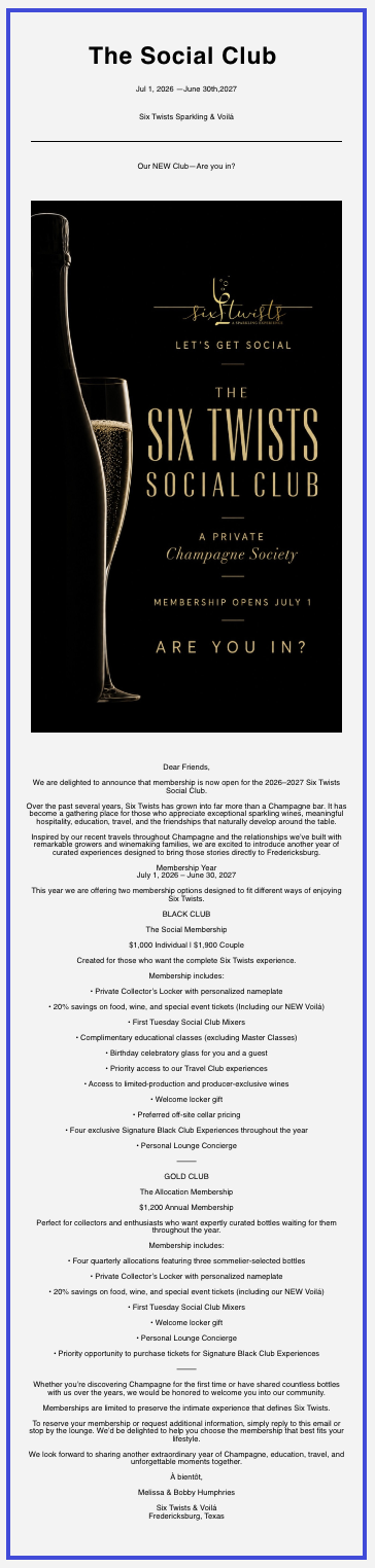 Original Six Twists Social Club membership announcement email